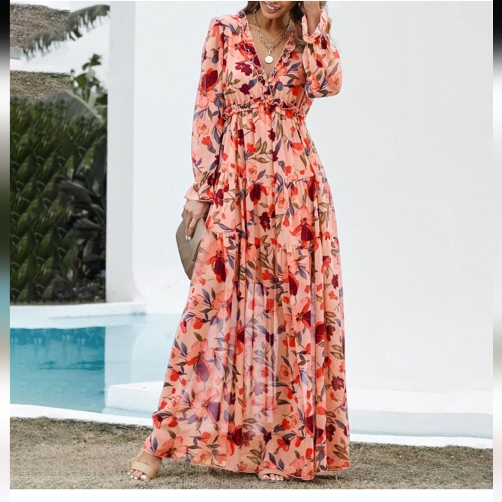 Floral Maxi Dress with Red and Pink Accents By Amazon Essentials Size XL